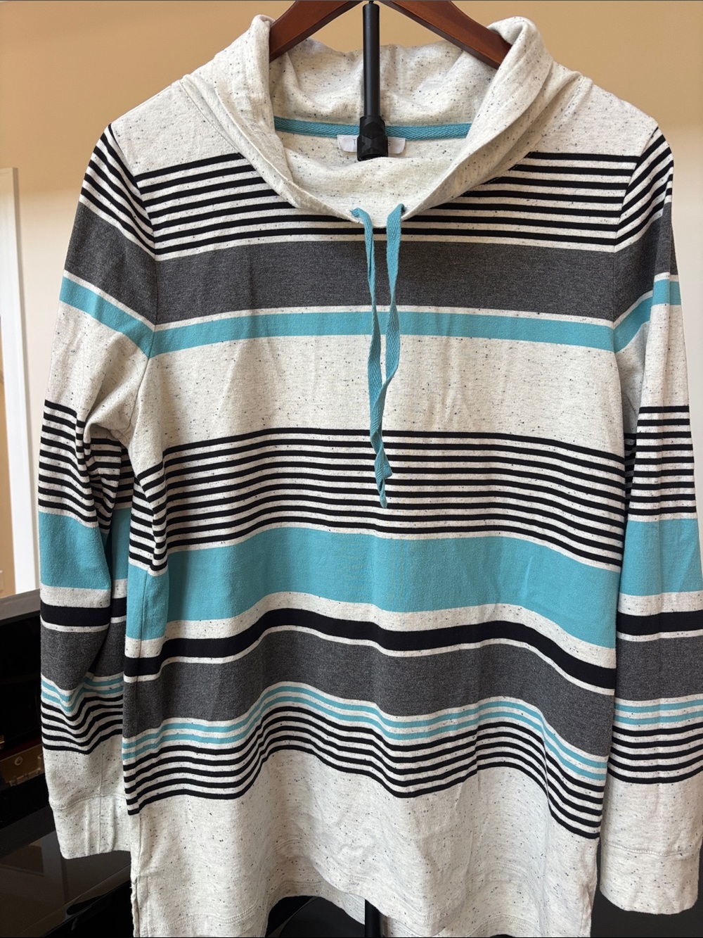T by Talbots Striped Pullover Cowl neck cotton/poly - Cream & turquoise  Size L.